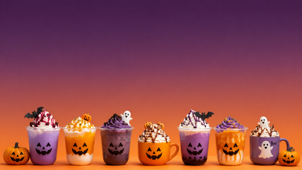ジャック・オー・ランタンやおばけが飾られたカラフルなハロウィンドリンクと紫からオレンジへのグラデーション背景