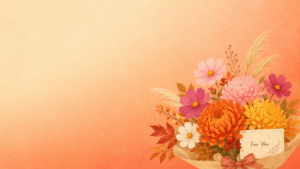 オレンジ色の和風紙背景の右下に飾られたコスモスと菊とススキの秋の花束とFor Youカード
